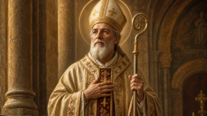 Ilustração reverente de São Maximino, bispo, com vestes episcopais e luz suave ao fundo.
