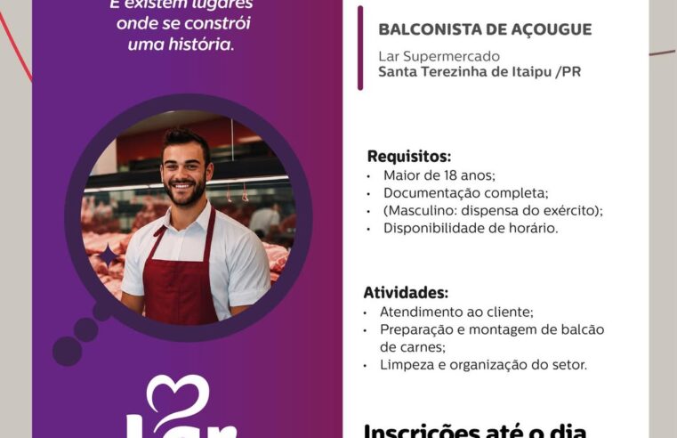 Vaga balconista açougue Santa Terezinha de Itaipu na Lar