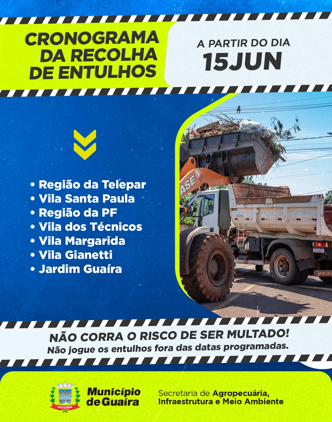 Recolha de entulho Guaira cronograma 15 a 18 de junho