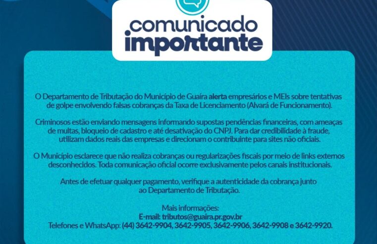 Golpe do alvará:  Guaíra alerta de falsa cobrança a MEIs
