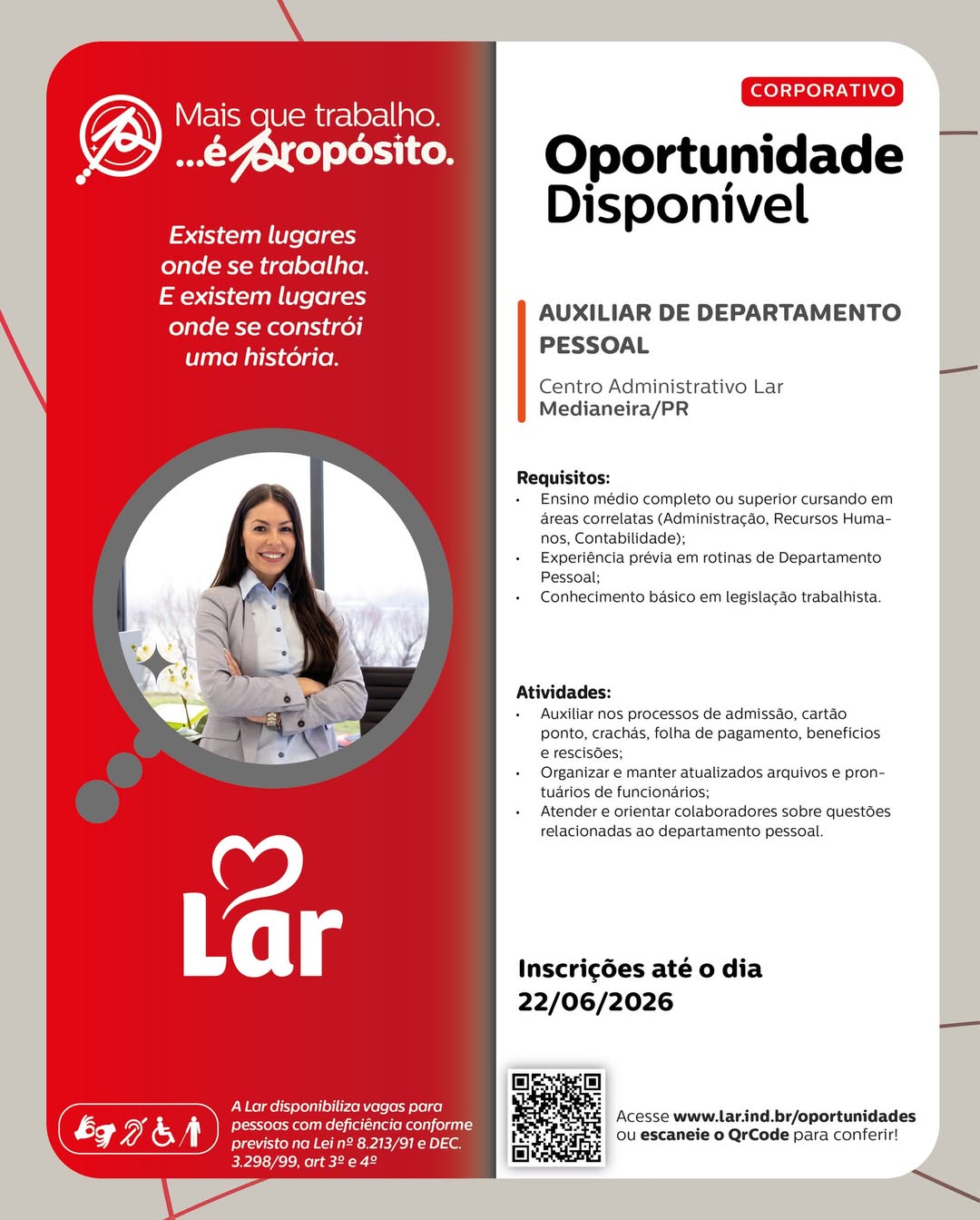 Vaga Auxiliar de Departamento Pessoal em Medianeira PR Lar