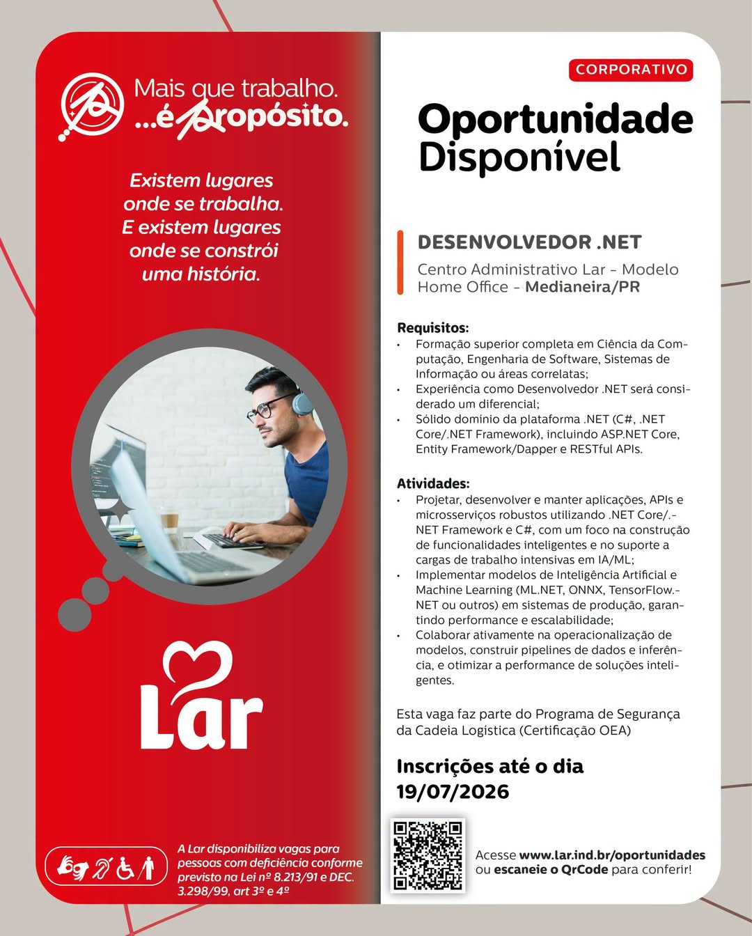 Vaga Desenvolvedor Net em Medianeira: Home Office na Lar