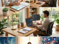 Mulher organizando finanças pessoais em uma mesa de madeira com um tablet, caderno e planta.