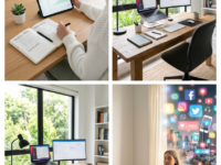 Home office produtivo e bem organizado com mesa de madeira, laptop, monitor e cadeira ergonômica.