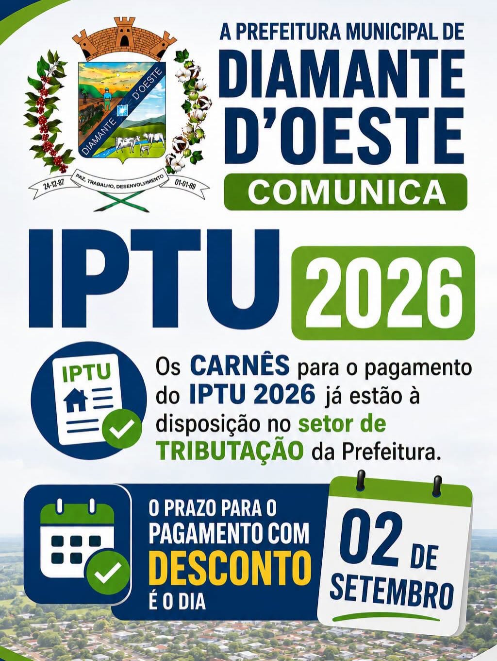 IPTU 2026 Diamante D’Oeste tem desconto em cota única