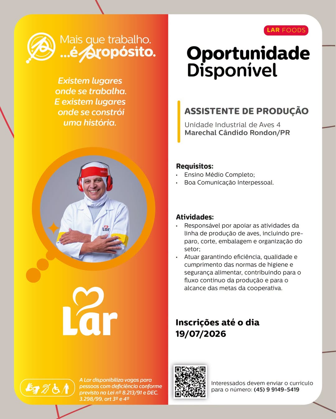 Vaga para Assistente de Produção em Marechal Cândido Rondon Lar