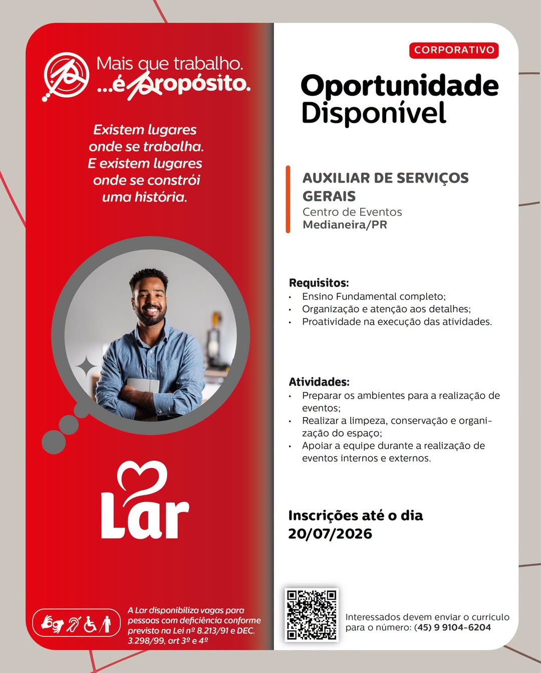 Emprego na Lar Cooperativa em Medianeira abre nova vaga