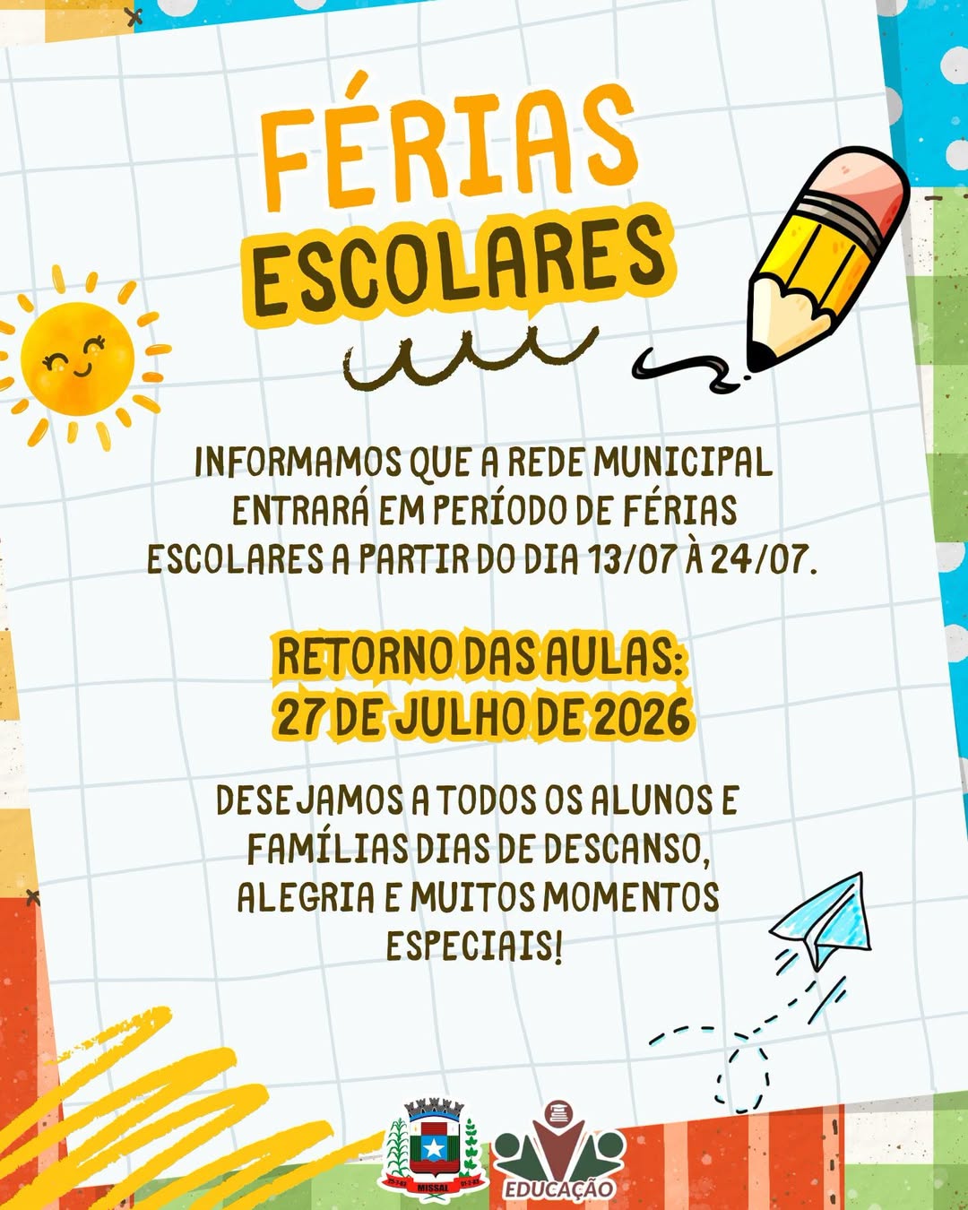 Calendário letivo de Missal 2026 define recesso e formação