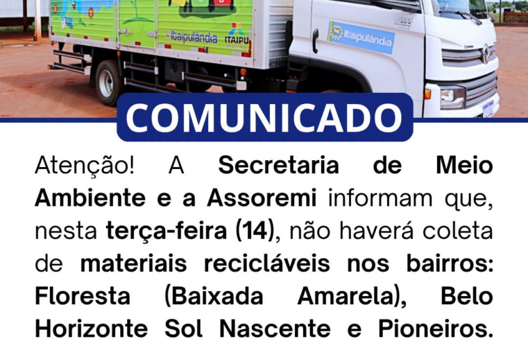 Coleta de recicláveis suspensa em Itaipulândia nesta terça (14)