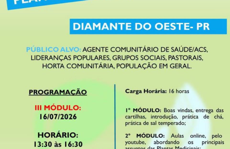 Capacitação sobre plantas medicinais em Diamante do Oeste em julho