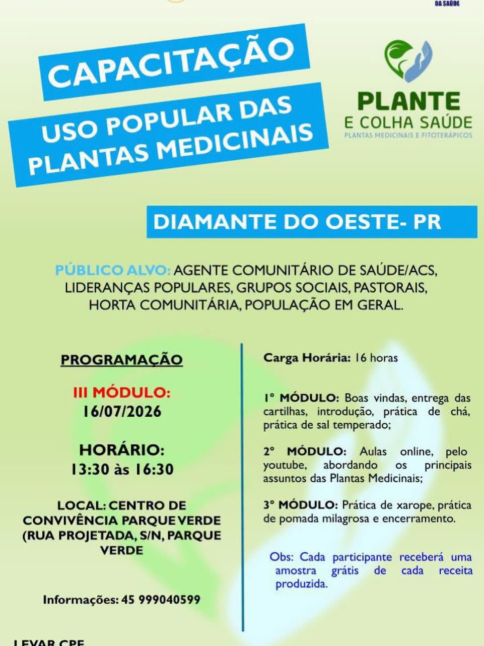 Capacitação sobre plantas medicinais em Diamante do Oeste em julho
