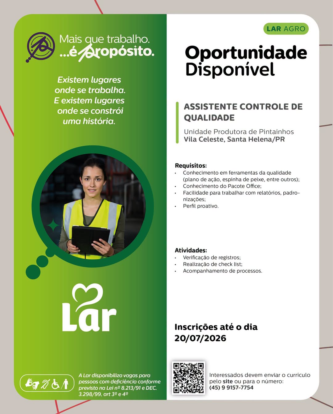 Vaga em Santa Helena PR: Assistente de Qualidade na Lar Cooperativa