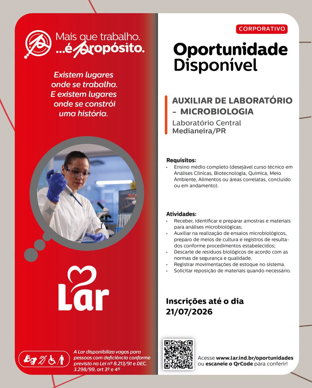 Vaga de Auxiliar de Laboratório em Medianeira – Lar Cooperativa