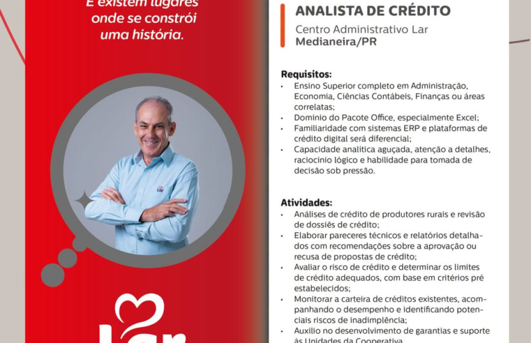 Lar Cooperativa abre vaga de Analista de Crédito em Medianeira