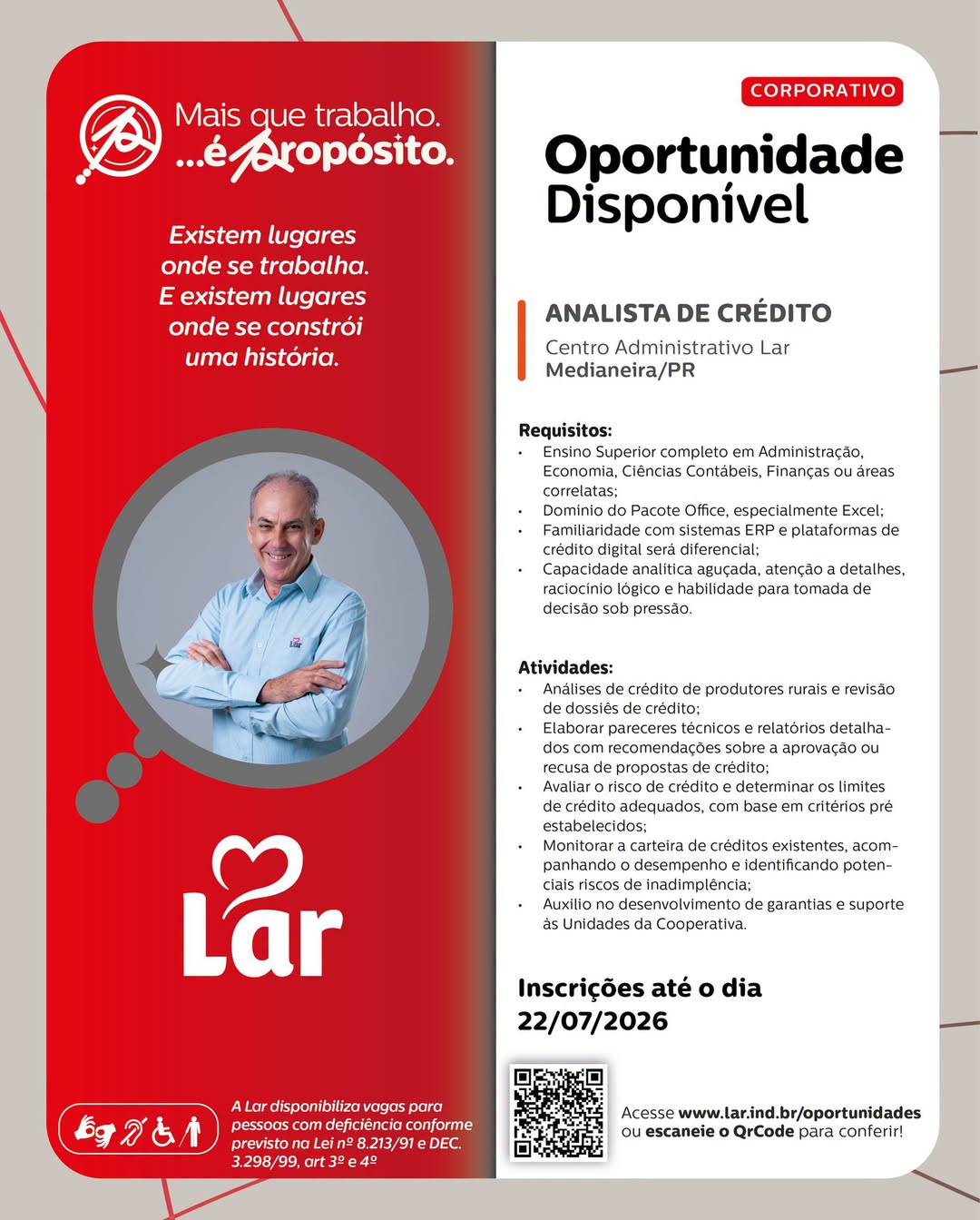Lar Cooperativa abre vaga de Analista de Crédito em Medianeira
