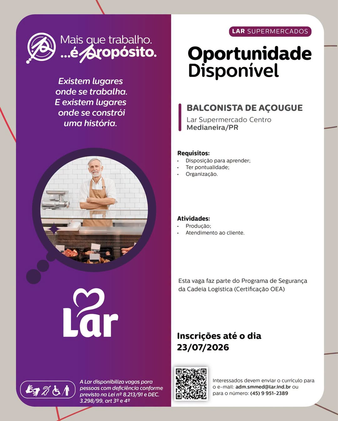 Vaga de emprego em Medianeira: Lar busca Balconista de Açougue