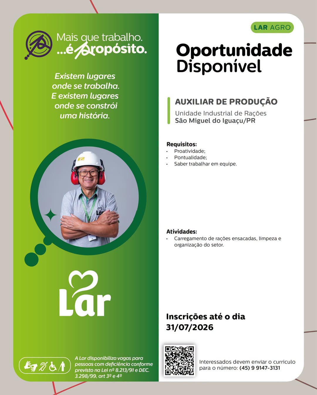Vaga de emprego em São Miguel do Iguaçu na Lar Cooperativa
