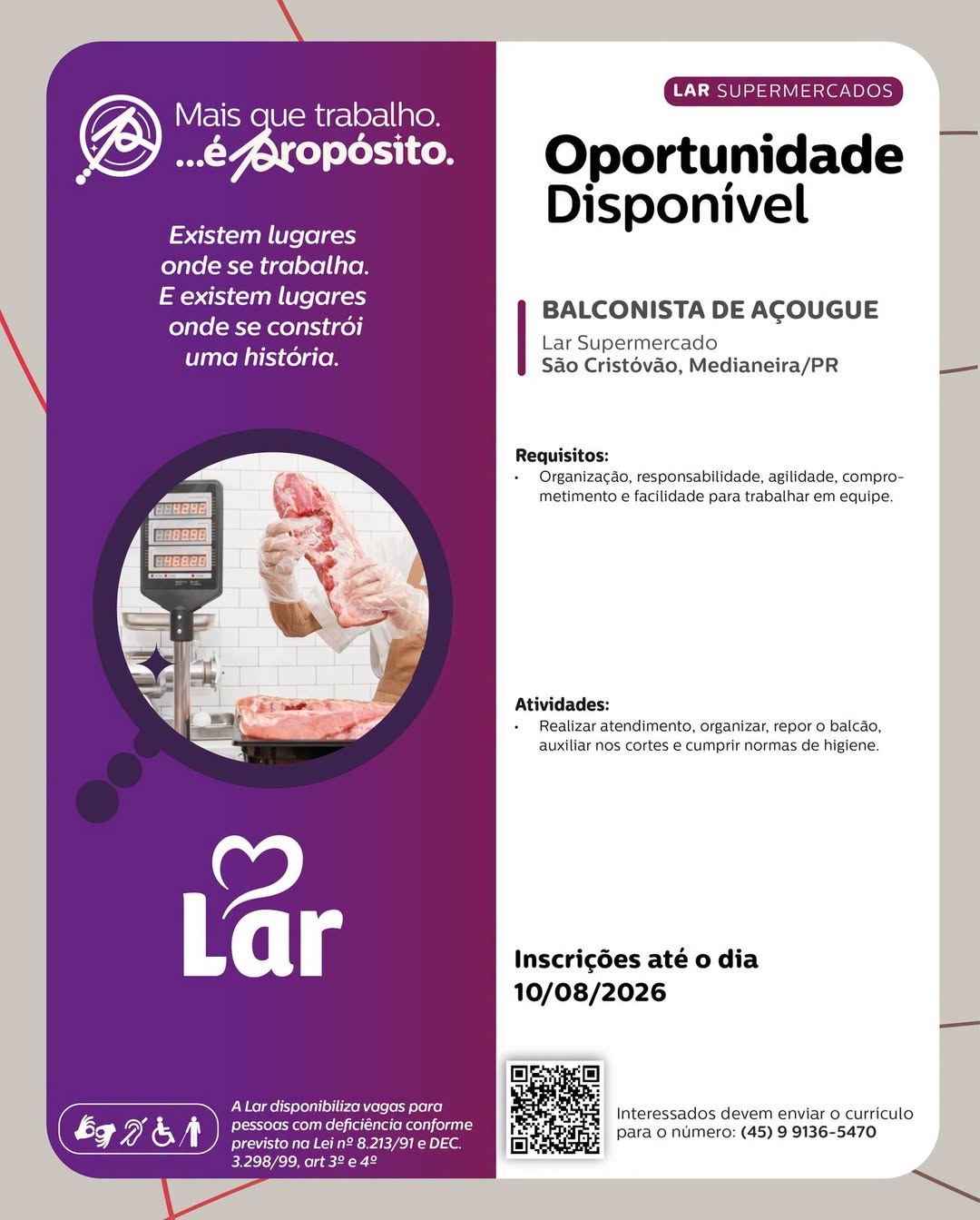 Vaga de Balconista de Açougue em Medianeira: Lar contrata