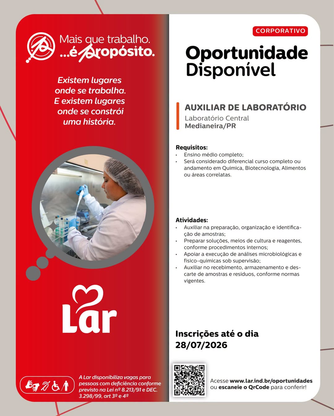 Vaga de Auxiliar de Laboratório na Lar Cooperativa em Medianeira
