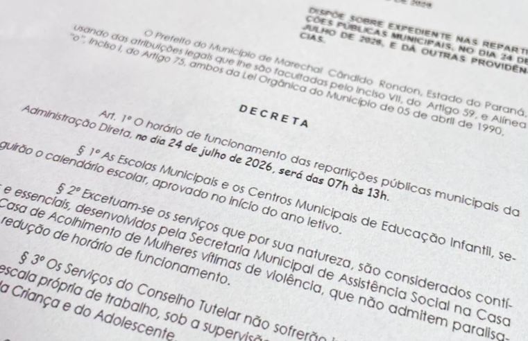 Decreto 244/2026: expediente reduzido em Rondon nesta sexta