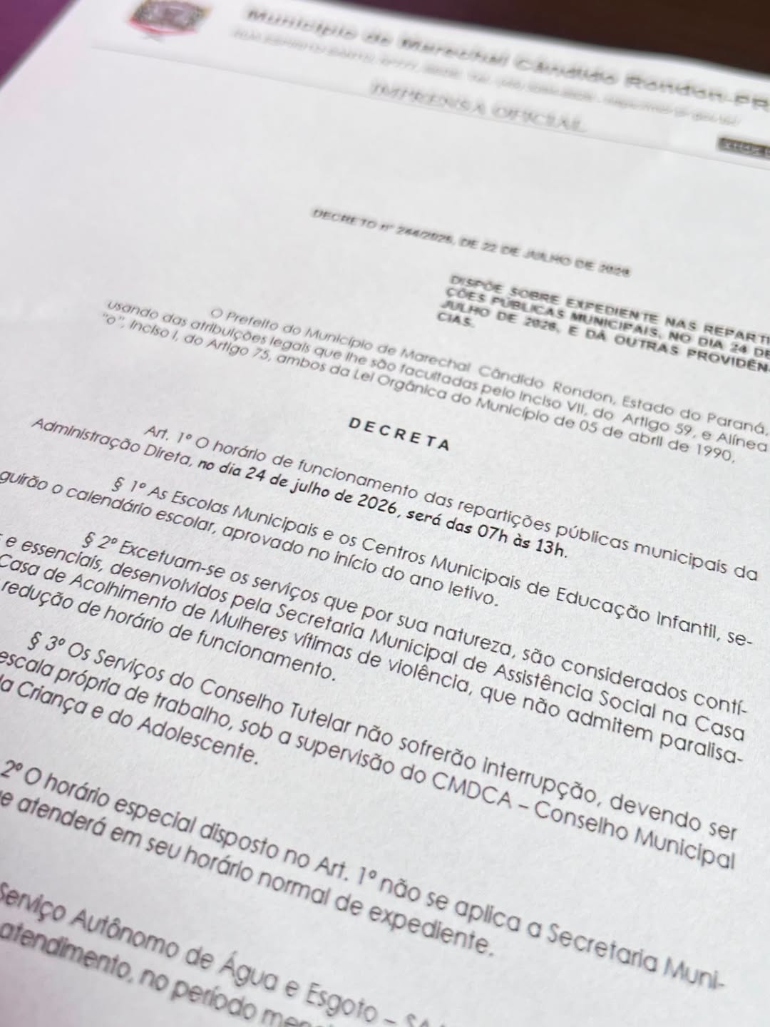 Decreto 244/2026: expediente reduzido em Rondon nesta sexta