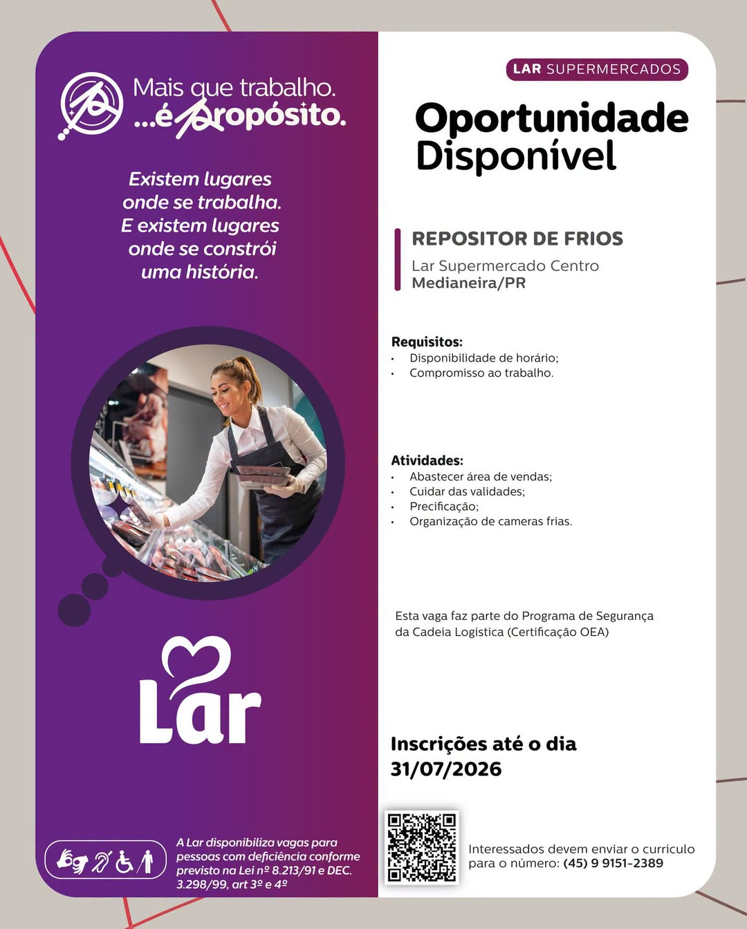 Vaga em Medianeira: Lar Cooperativa contrata Repositor de Frios