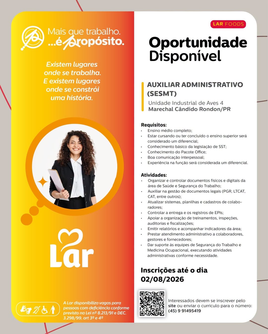 Vaga Auxiliar Administrativo na Lar em Marechal Cândido Rondon