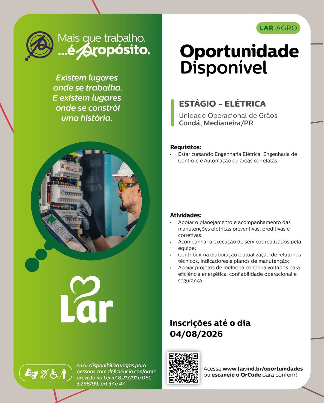 Estágio em elétrica: Lar tem vaga em Medianeira (PR)