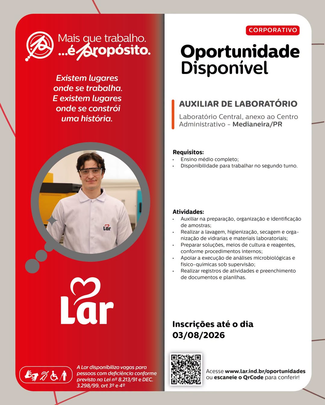 Vaga para auxiliar de laboratório em Medianeira (PR) na Lar