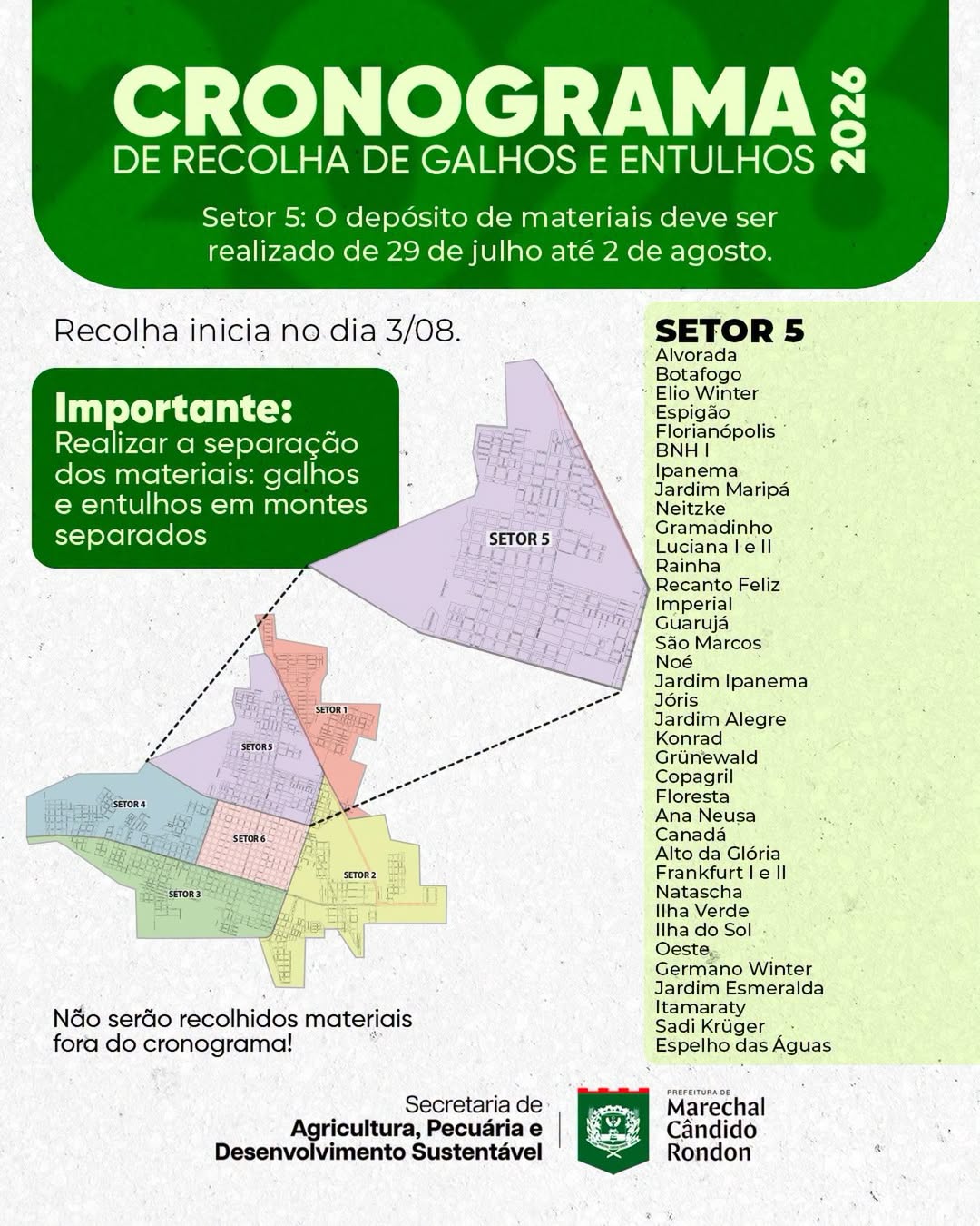 Recolhimento de entulhos setor 5 Marechal Cândido Rondon abre