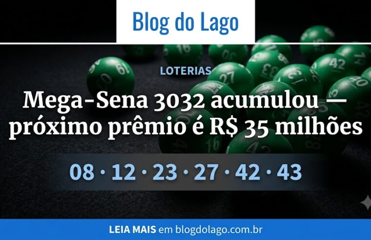 Mega-Sena 3032: acumulou; próximo prêmio chega a R$ 35 milhões