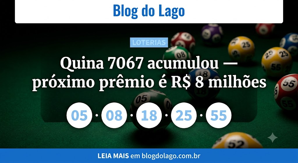 Quina 7067: acumulou; próximo prêmio é de R$ 8 milhões