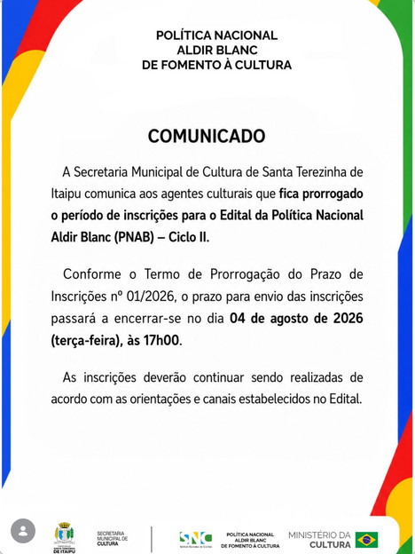 Lei Aldir Blanc Santa Terezinha de Itaipu: Prazo Prorrogado