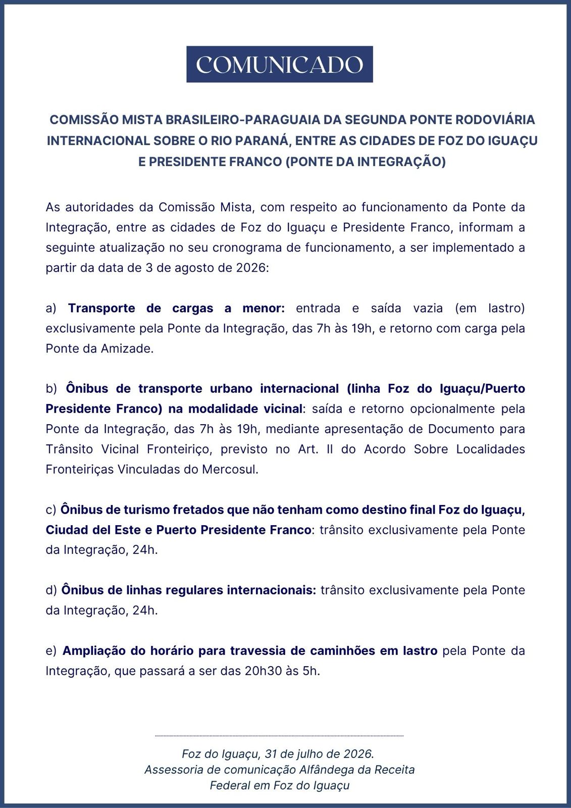 Ponte da Integração muda regras de trânsito a partir de 3 de agosto