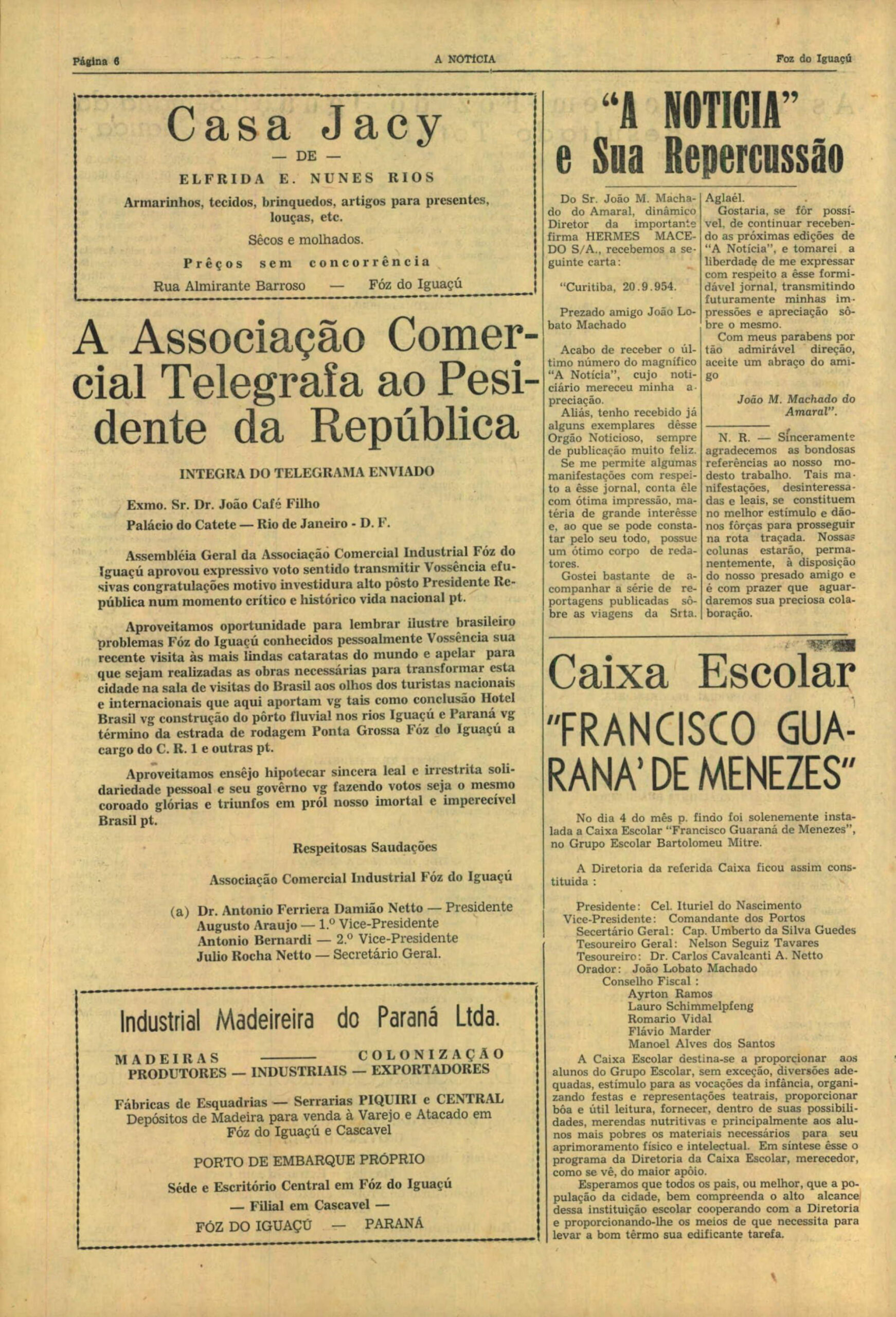 Reprodução do jornal A Notícia, de 20 de outubro de 1954.
