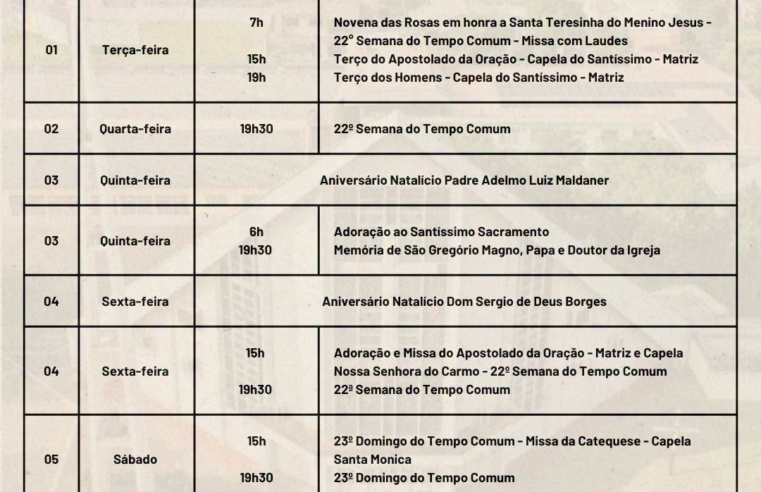 Calendário Paroquial Setembro 2026: missas e novenas