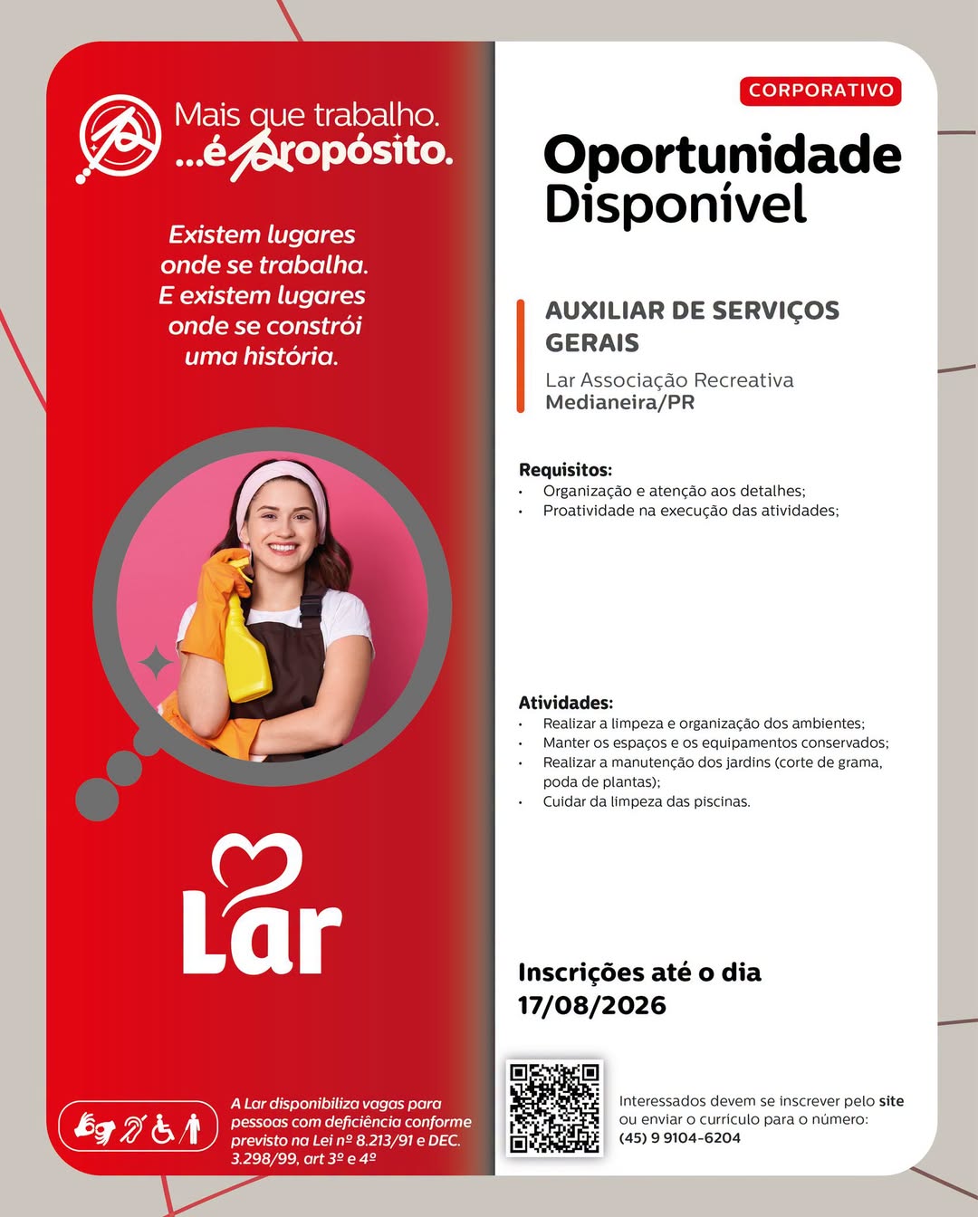 Vaga de Auxiliar de Serviços Gerais na Lar em Medianeira