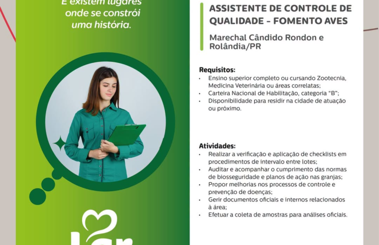Vagas na Lar Cooperativa em Marechal Rondon e Rolandia