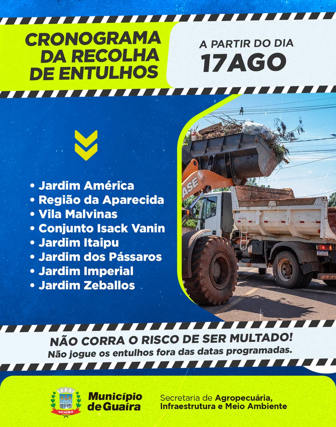 Recolha de entulhos em Guaíra atende 8 bairros nesta semana