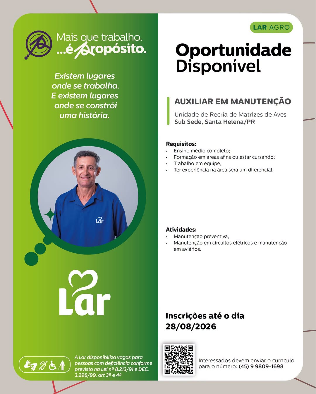 Vaga de Auxiliar de Manutenção em Santa Helena PR na Lar