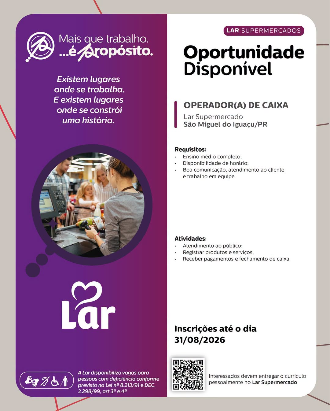 Vaga Para Operador de Caixa em São Miguel do Iguaçu na Lar