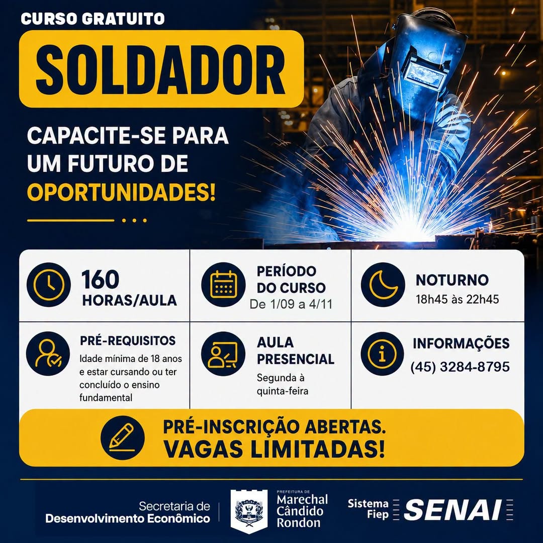 Curso de Soldador em Marechal Rondon: Senai Abre 20 Vagas