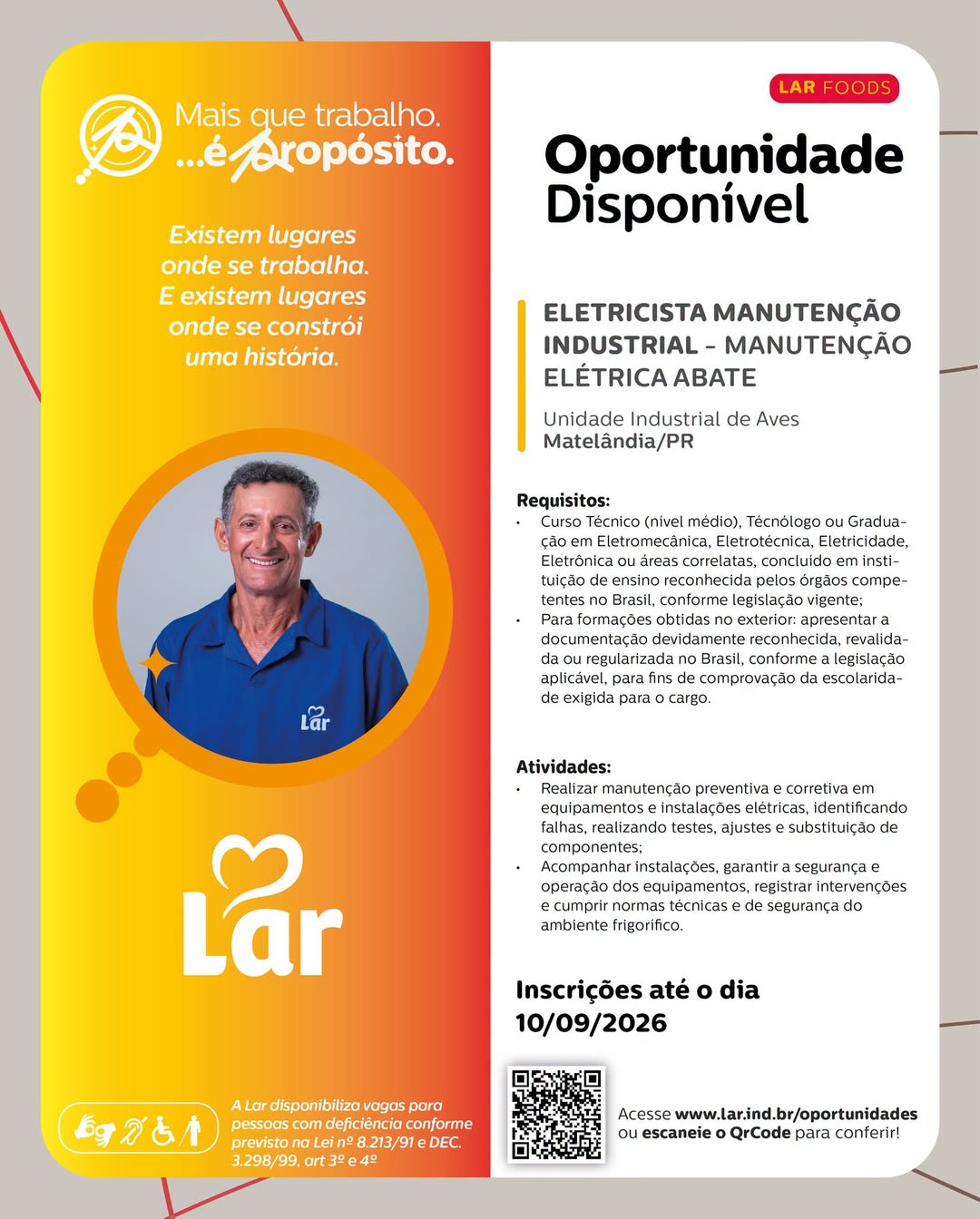 Vaga para Eletricista em Matelândia na Lar Cooperativa