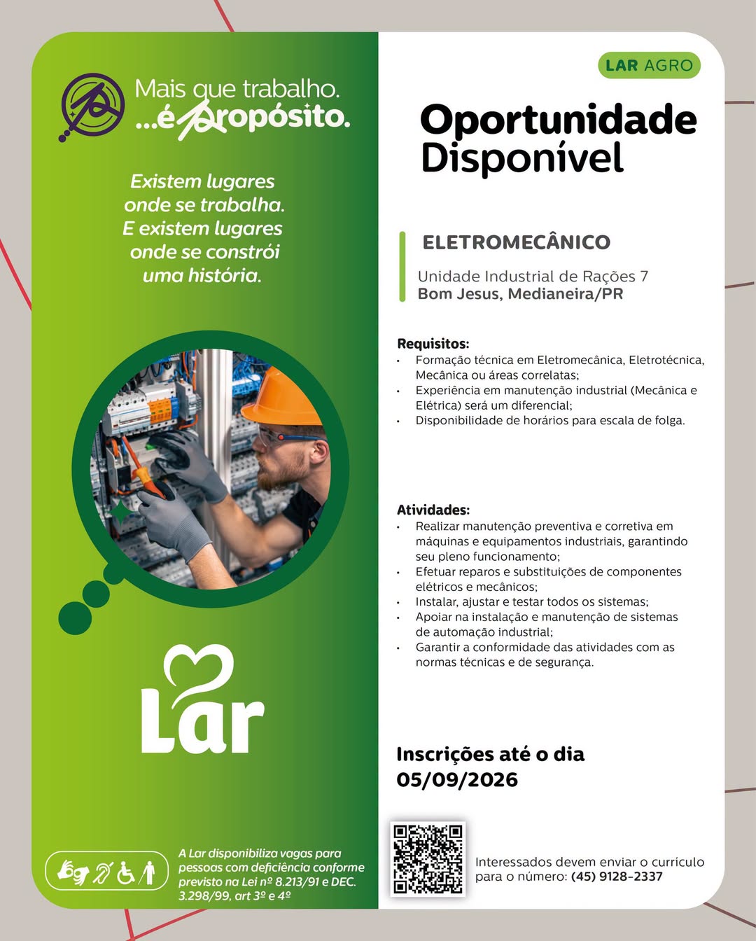 Vaga Eletromecânico Medianeira: Lar Cooperativa