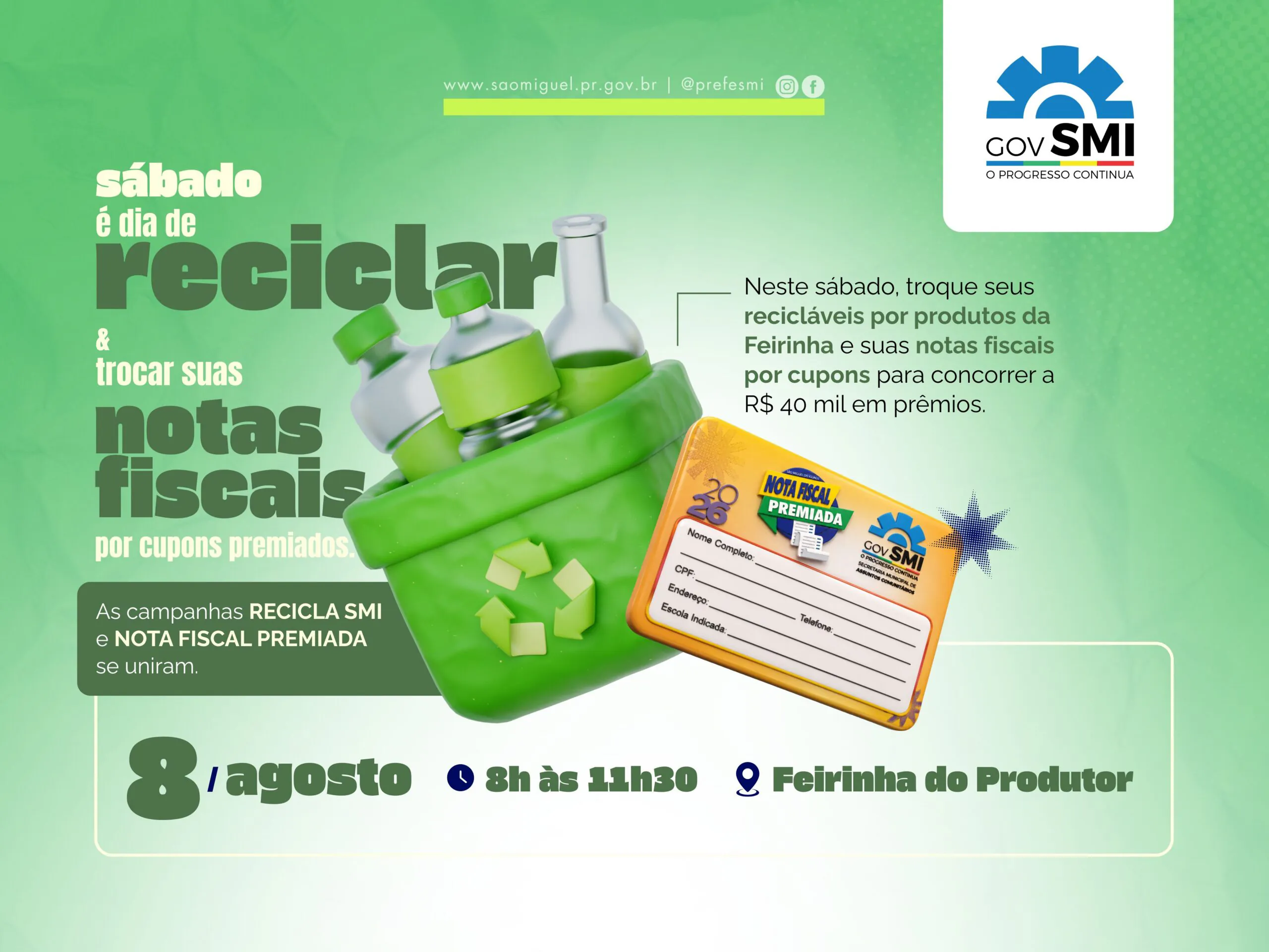 Recicla SMI traz novidade com Nota Fiscal Premiada neste sábado