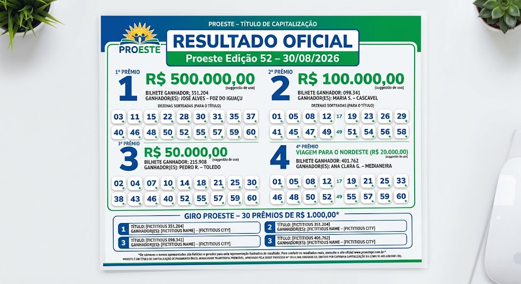 Resultado Proeste Edição 52: Sorteio de 30/08/2026