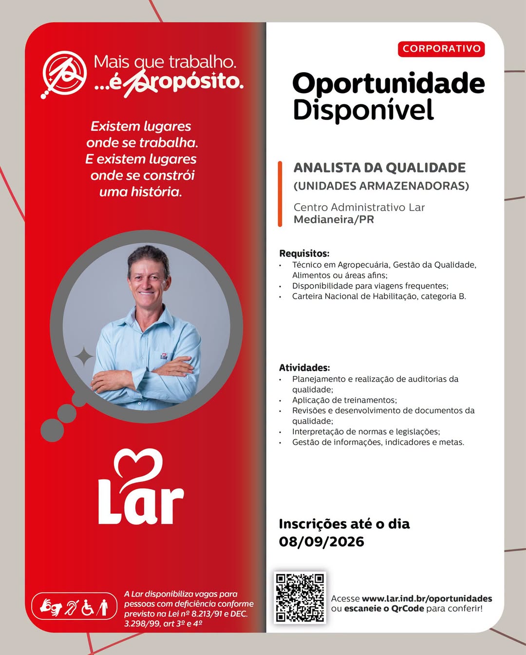 Vaga Analista da Qualidade Medianeira na Lar Cooperativa