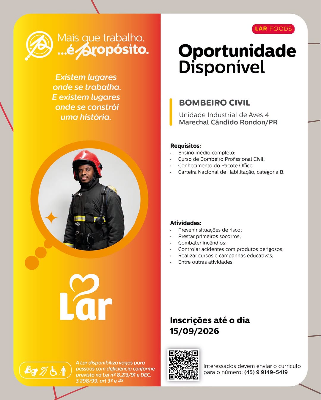Vaga Bombeiro Civil Marechal Cândido Rondon –  Lar Cooperativa