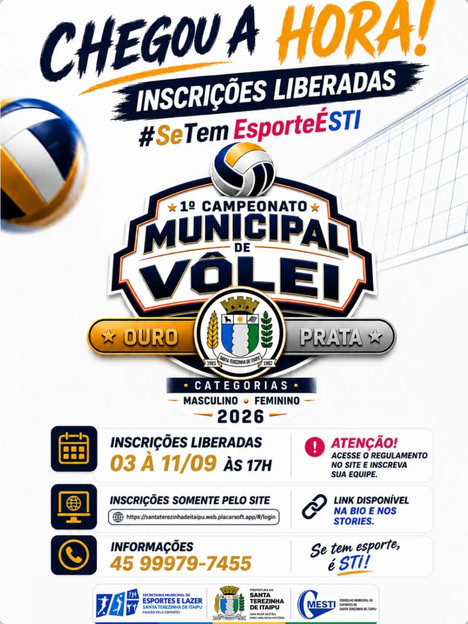Campeonato Municipal de Vôlei Santa Terezinha de Itaipu 2026: inscrições abertas